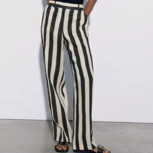 ZARA HIGH WAIST STRAIGHT FIT STRIPED 100% LINEN TROUSER PANT Size M 2690/342/070 - Picture 1 of 3